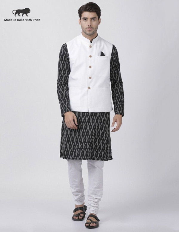 Men's Black Cotton Blend Ethnic Jacket, Kurta and Pajama Set - Vastramay