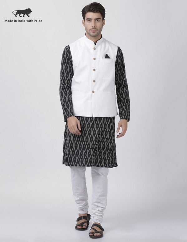 Jashvi Men's Black Cotton Blend Ethnic Jacket, Kurta and Pajama Set