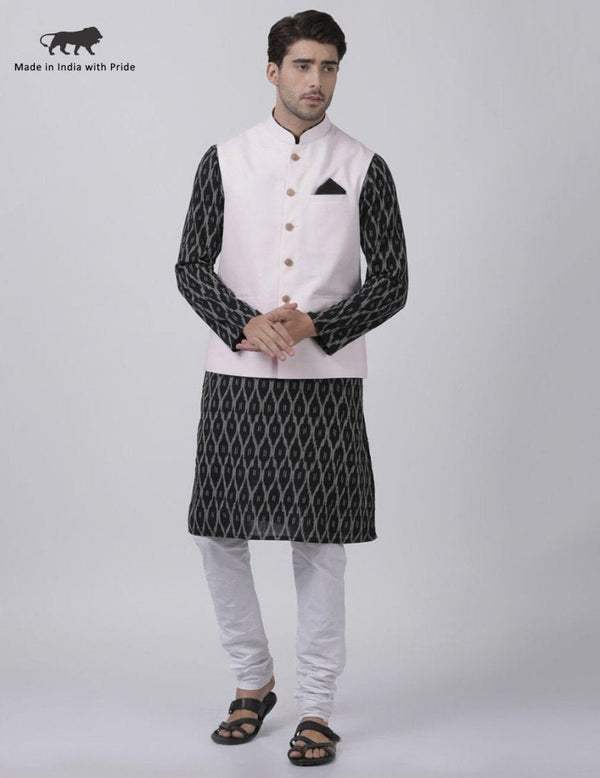 Men's Black Cotton Blend Ethnic Jacket, Kurta and Pajama Set - Vastramay