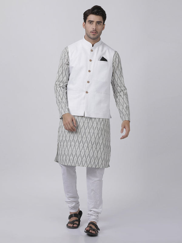 Jashvi Men's White Cotton Blend Ethnic Jacket, Kurta With Pajama Set