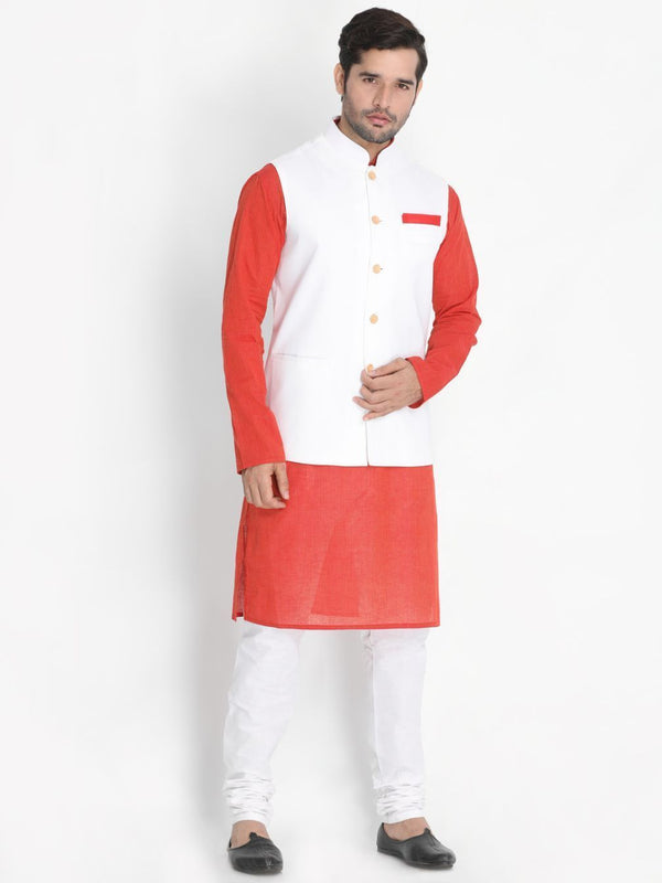 Men's Red Cotton Blend Kurta, Ethnic Jacket and Pyjama Set - Vastramay