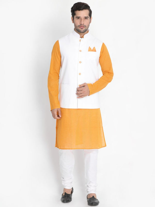 Men's Yellow Cotton Blend Kurta, Ethnic Jacket and Pyjama Set - Vastramay