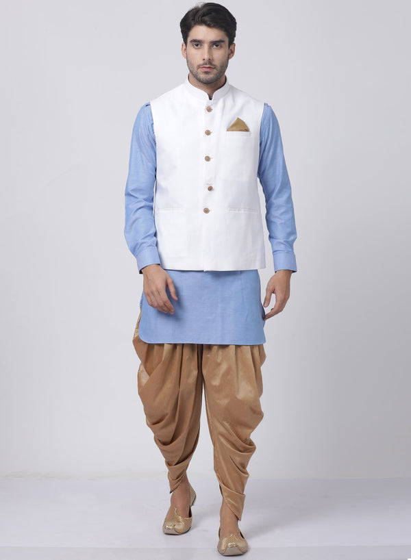 Jashvi Men's Blue Cotton Blend Kurta, White Ethnic Jacket and Dhoti Pant Set