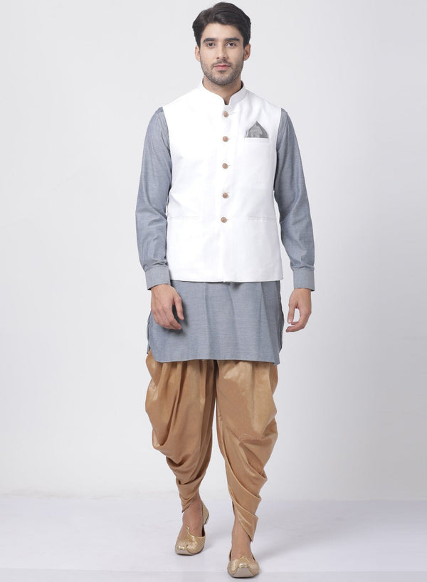 Jashvi Men's Grey Cotton Blend Kurta, White Ethnic jacket and Dhoti Pant Set