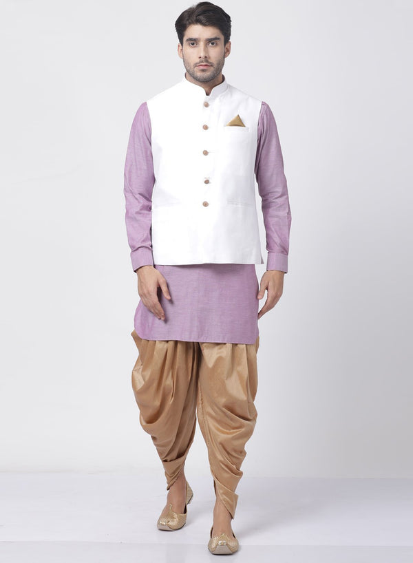 Jashvi Men's Purple Cotton Blend Kurta, White Ethnic Jacket and Dhoti Pant Set