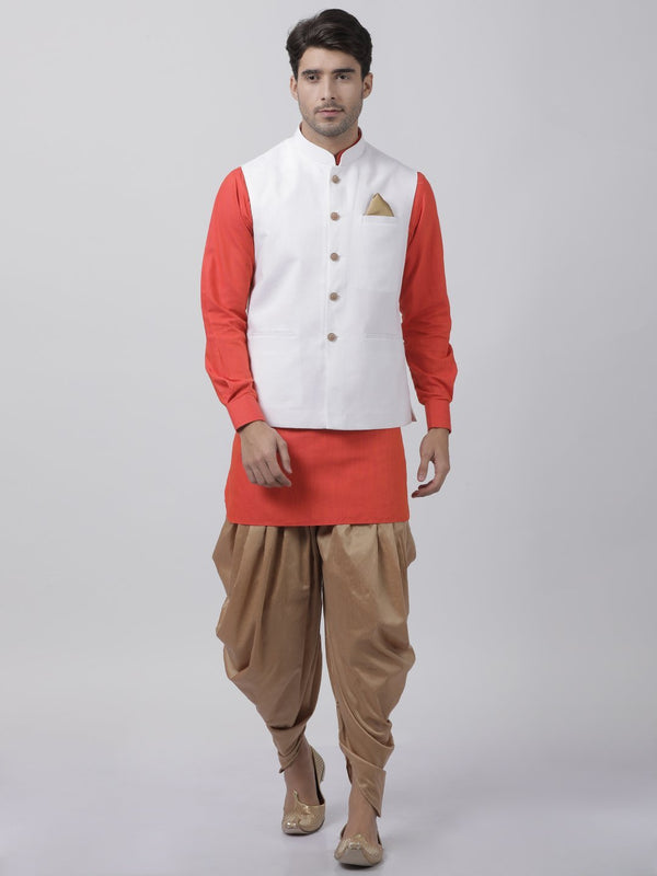 Jashvi Men's Orange Cotton Blend Kurta, White Ethnic Jacket and Dhoti Pant Set