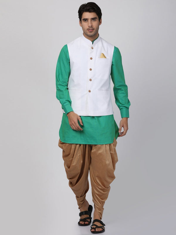 Jashvi Men's Green Cotton Blend Ethnic Jacket, Kurta and Dhoti Pant Set