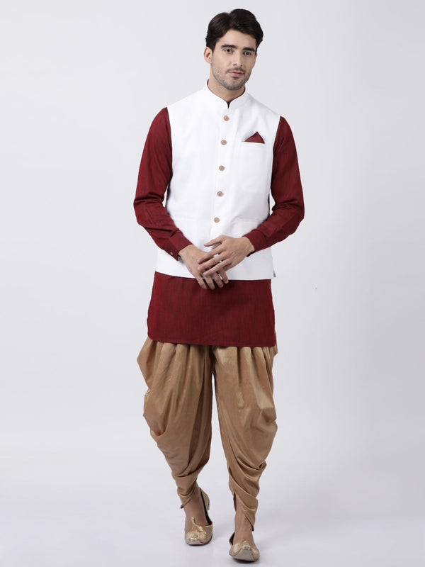 Jashvi Men's Maroon Cotton Blend Kurta, White Ethnic Jacket and Dhoti Pant Set