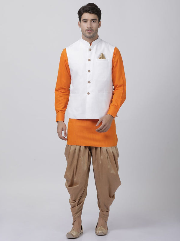 Jashvi Men's Orange Cotton Blend Kurta, White Ethnic Jacket and Dhoti Pant Set