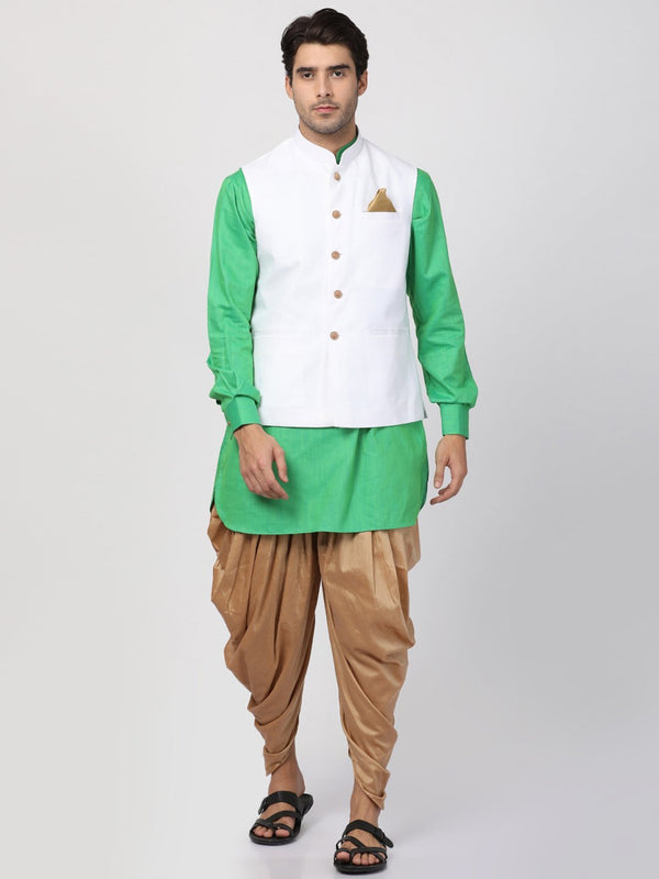 Men's Green Cotton Blend Ethnic Jacket, Kurta and Dhoti Pant Set - Vastramay