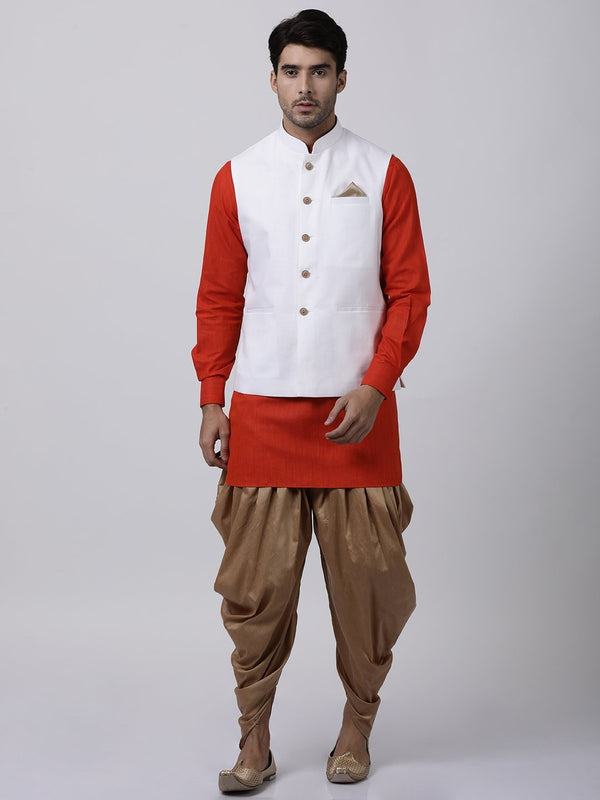 Jashvi Men's Red Cotton Blend Kurta, White Ethnic Jacket and Dhoti Pant Set