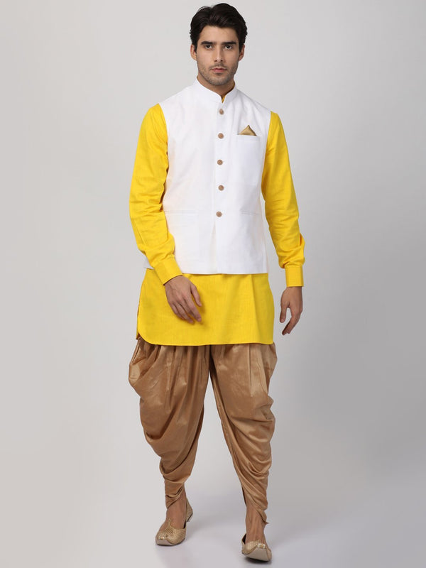 Jashvi Men's Yellow Cotton Blend Ethnic Jacket, Kurta and Dhoti Pant Set