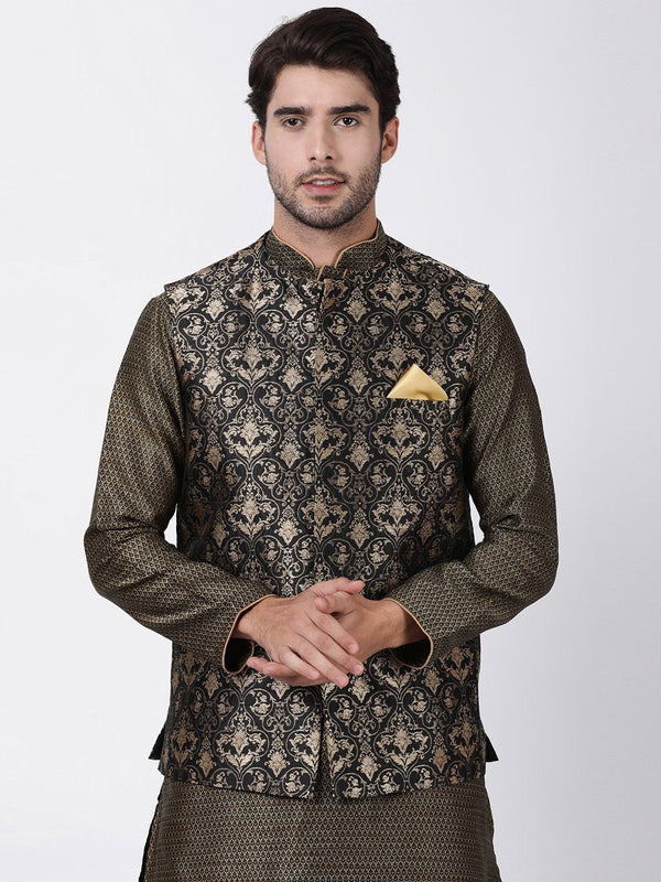 Men's Black Silk Blend Ethnic Jacket - Vastramay