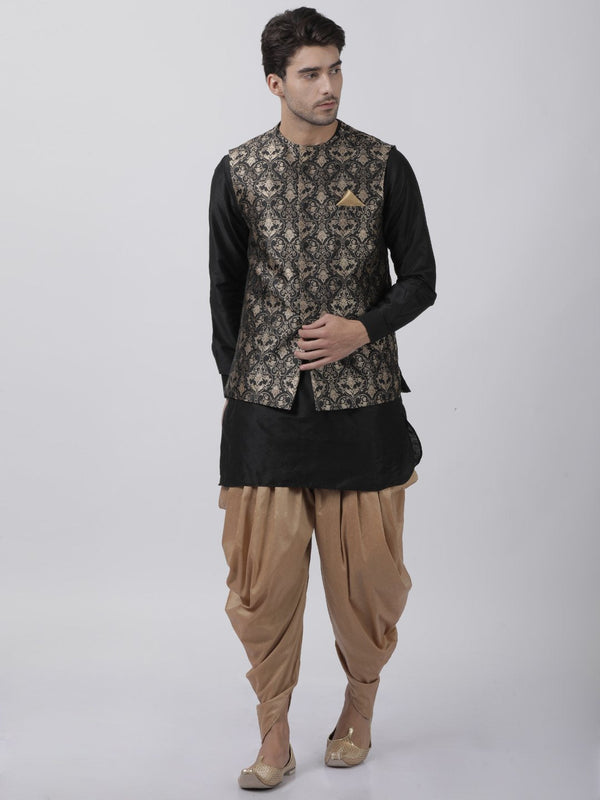 Jashvi Men's Black Cotton Silk Blend Ethnic Jacket, Kurta and Dhoti Pant Set