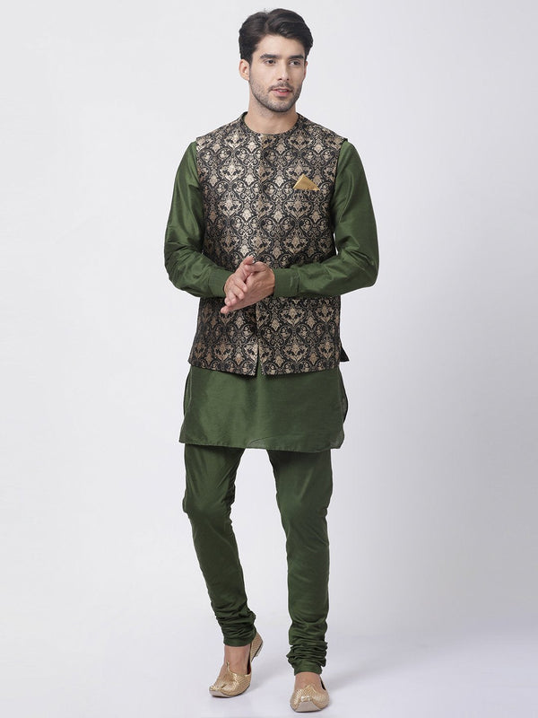 Men's Green Cotton Silk Blend Kurta, Ethnic Jacket and Pyjama Set