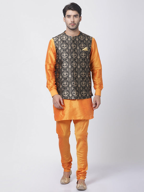 Men's Orange Cotton Silk Blend Kurta, Ethnic Jacket and Pyjama Set