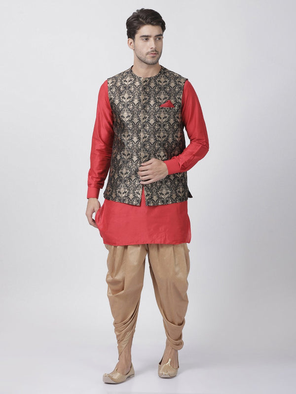 Men's Red Cotton Silk Blend Kurta, Ethnic Jacket and Dhoti Pant Set