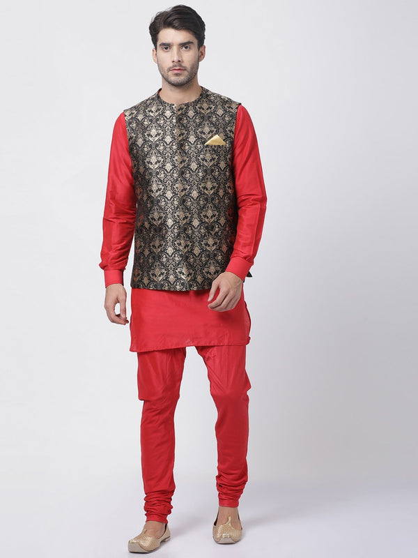 Men's Red Cotton Silk Blend Kurta, Ethnic Jacket and Pyjama Set