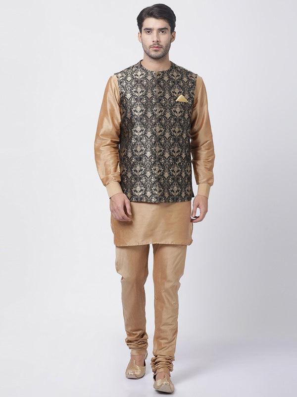 Men's Gold Cotton Silk Blend Kurta, Ethnic Jacket and Pyjama Set