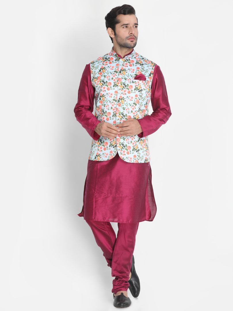 Men's Purple Cotton Blend Kurta, Ethnic Jacket and Pyjama Set