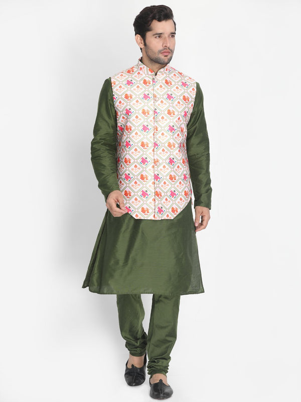 Men's Purple Cotton Blend Kurta, Ethnic Jacket and Pyjama Set