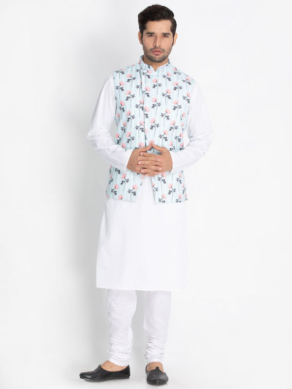 Men's White Cotton Blend Kurta, Ethnic Jacket and Pyjama Set - Vastramay