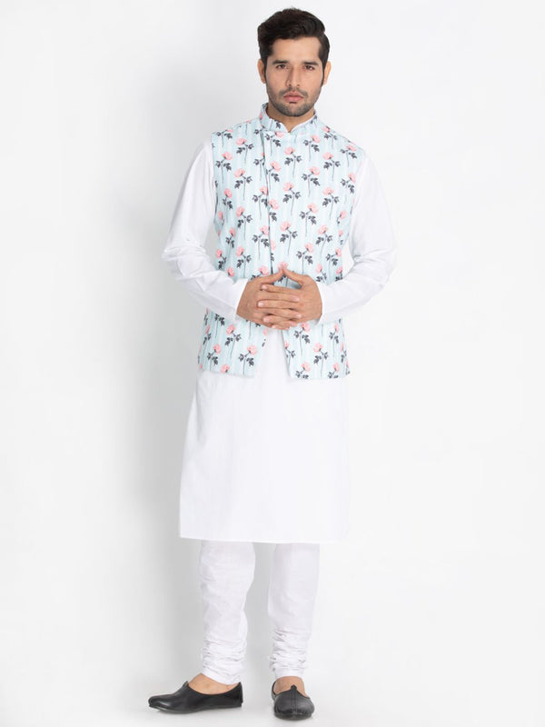 Jashvi Men's White Cotton Blend Kurta, Ethnic Jacket and Churidar Set