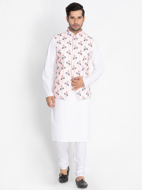 Men's White Cotton Blend Kurta, Ethnic Jacket and Pyjama Set - Vastramay