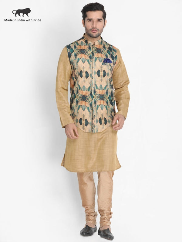 Men's Beige Cotton Blend Kurta, Ethnic Jacket and Pyjama Set