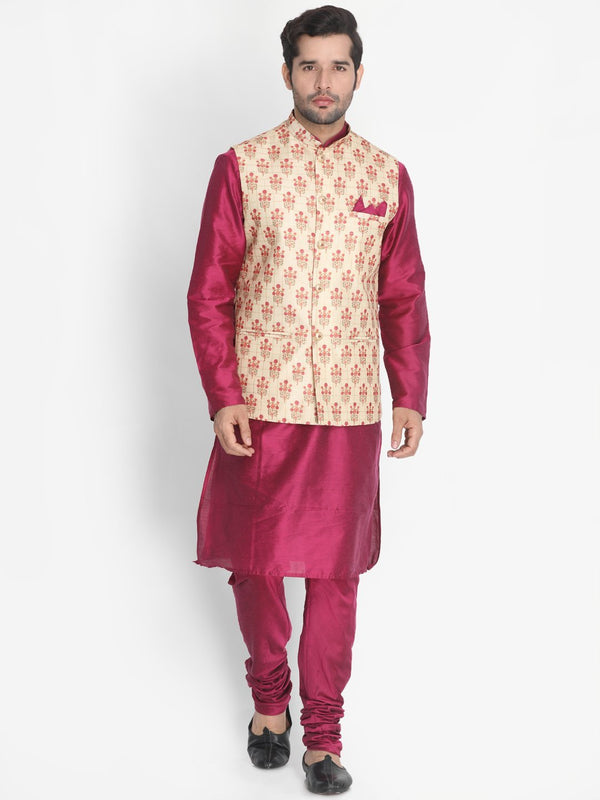 Men's Purple Cotton Blend Kurta, Ethnic Jacket and Pyjama Set