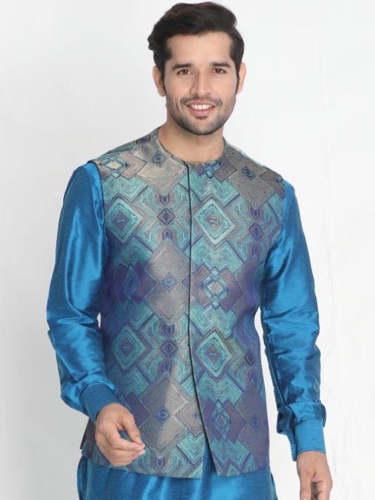 Men's Green Silk Blend Ethnic Jacket - Vastramay