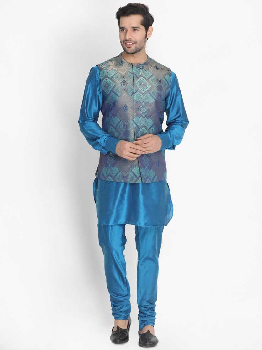 Men's Dark Blue Cotton Blend Kurta, Ethnic Jacket and Pyjama Set