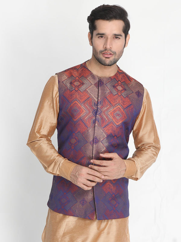 Men's Orange Silk Blend Ethnic Jacket - Vastramay