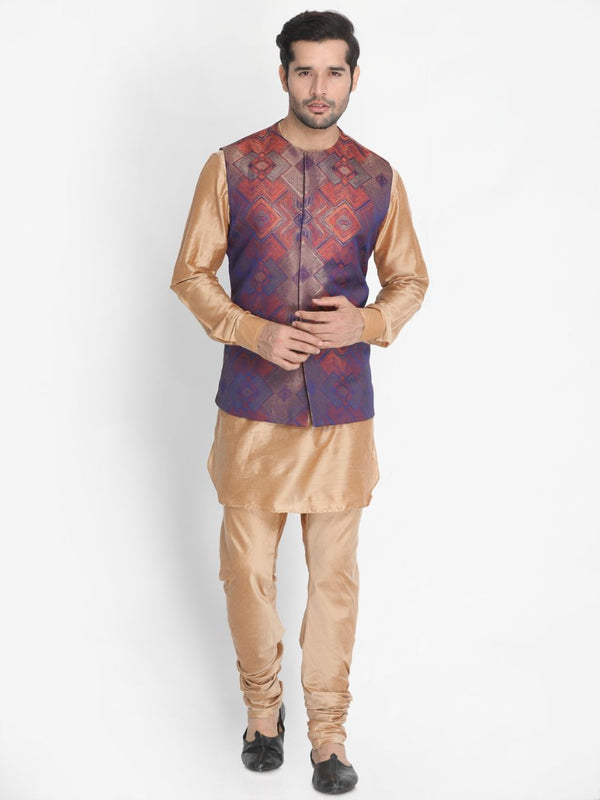 Men's Gold Cotton Blend Kurta, Ethnic Jacket and Pyjama Set