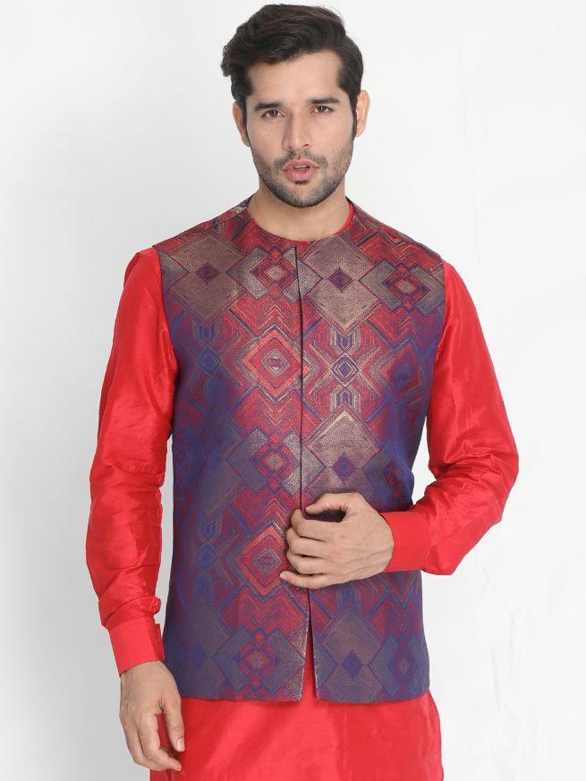 Men's Red Silk Blend Ethnic Jacket