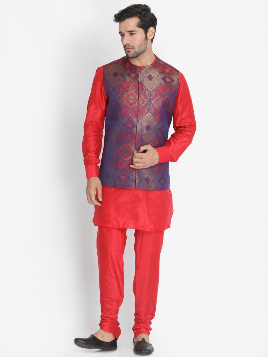 Men's Red Cotton Blend Kurta, Ethnic Jacket and Pyjama Set