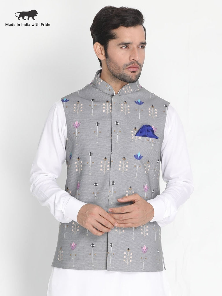 Men's Grey Silk Blend Ethnic Jacket