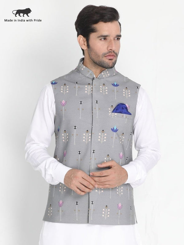 Men's Grey Silk Blend Ethnic Jacket - Vastramay