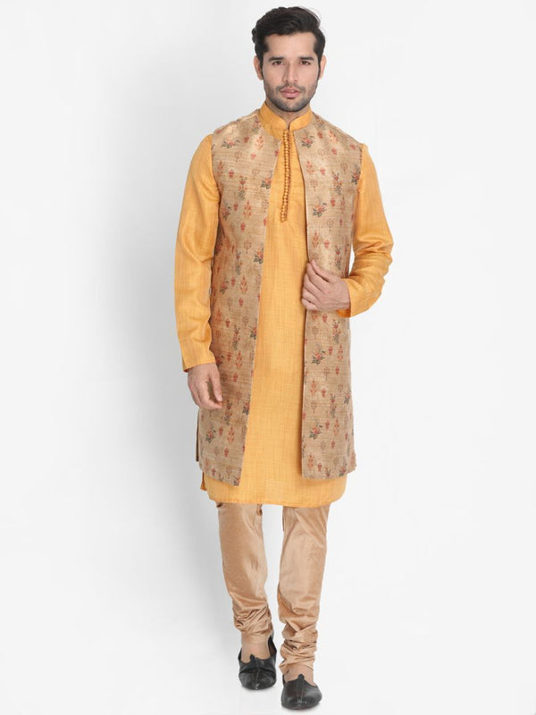 Men's Yellow Cotton Silk Blend Kurta, Ethnic Jacket and Pyjama Set