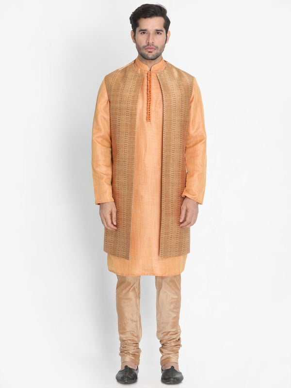 Men's Pink Cotton Silk Blend Kurta, Ethnic Jacket and Pyjama Set - Vastramay