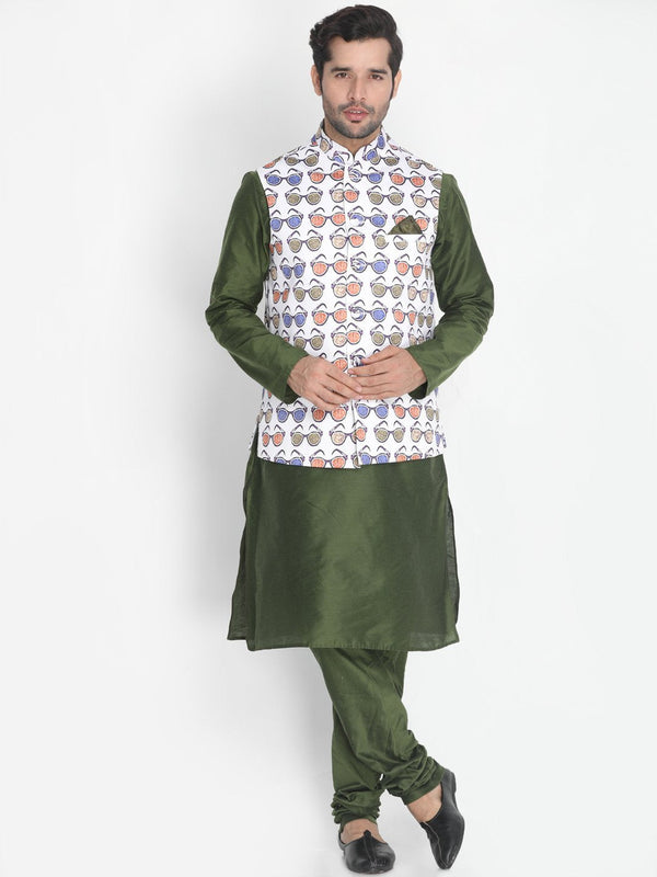 Men's Green Cotton Blend Kurta, Ethnic Jacket and Pyjama Set