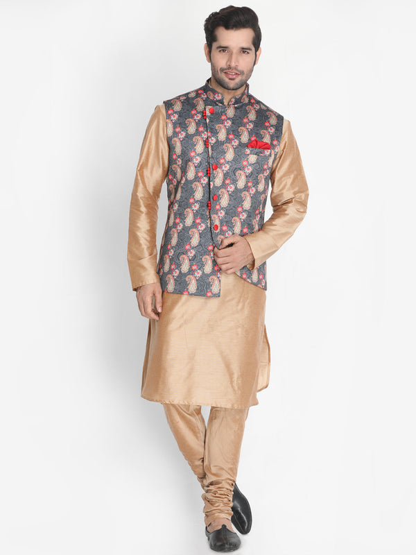 Jashvi Men's Gold Cotton Blend Kurta, Ethnic Jacket and Pyjama Set