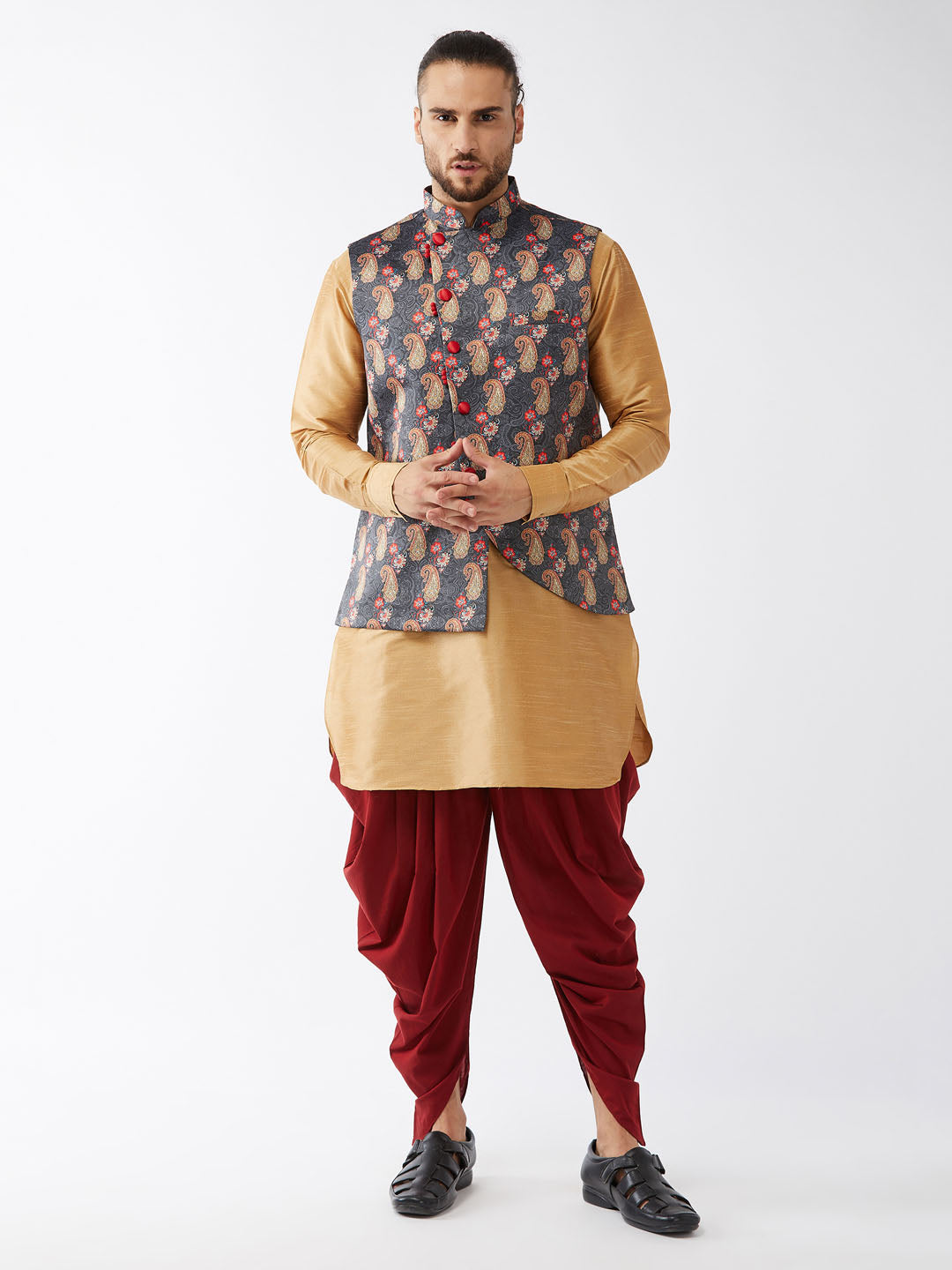 Men's Grey, Rose Gold And Maroon Silk Blend Jacket, Kurta And Dhoti Set - Vastramay