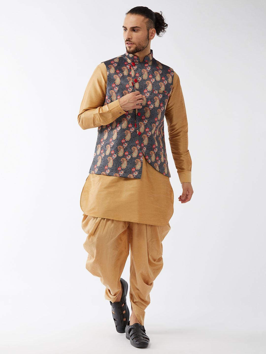 Men's Grey And Rose Gold Silk Blend Jacket, Kurta And Dhoti Set - Vastramay