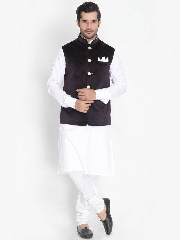 Men's White Cotton Blend Kurta, Ethnic Jacket and Pyjama Set - Vastramay