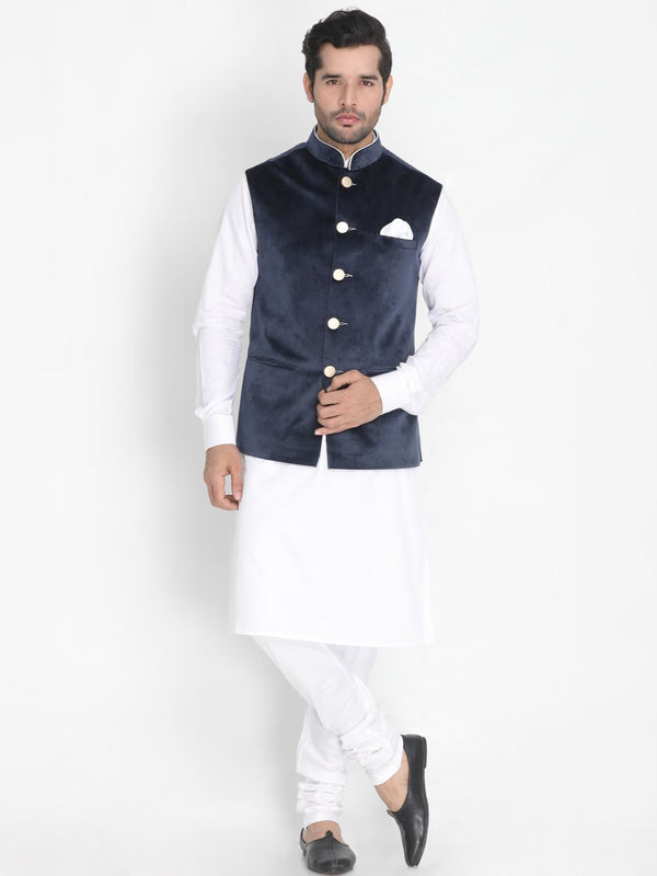 Jashvi Men's White Cotton Blend Kurta, Ethnic Jacket and Churidar Set