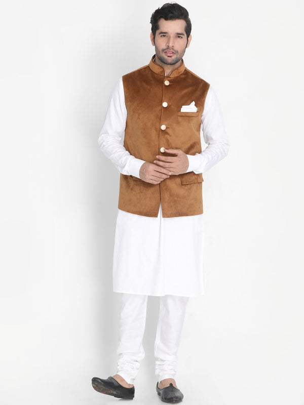 Men's White Cotton Blend Kurta, Ethnic Jacket and Pyjama Set - Vastramay