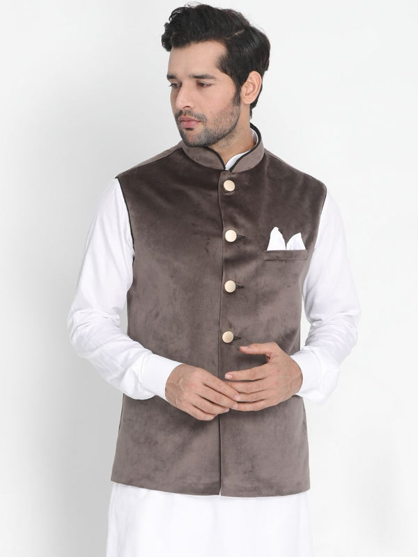 Jashvi Men's Grey Velvet Ethnic Jacket