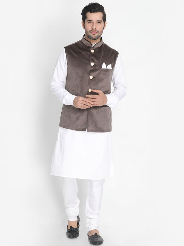 Men's White Cotton Blend Kurta, Ethnic Jacket and Pyjama Set - Vastramay