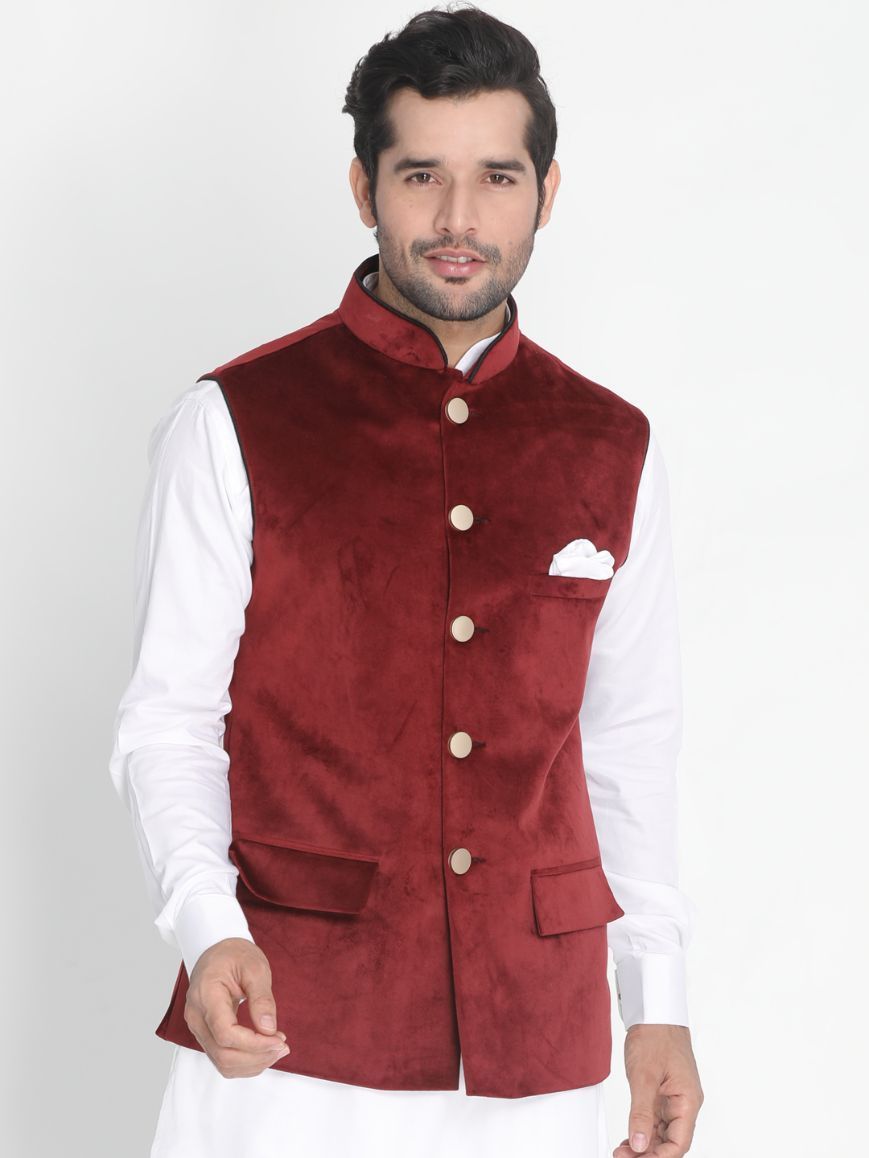 Men's Maroon Velvet Ethnic Jacket